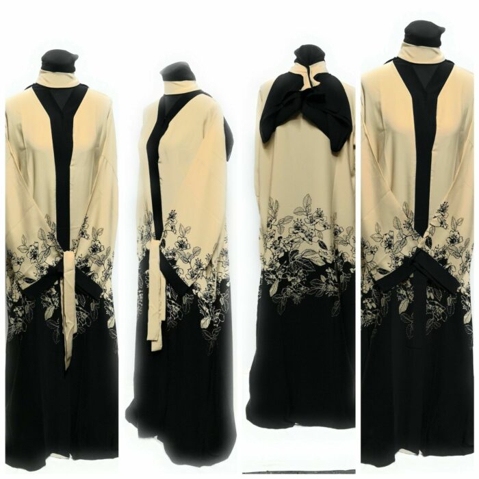 Women's Cream/Black Open Front Floral Long Abaya