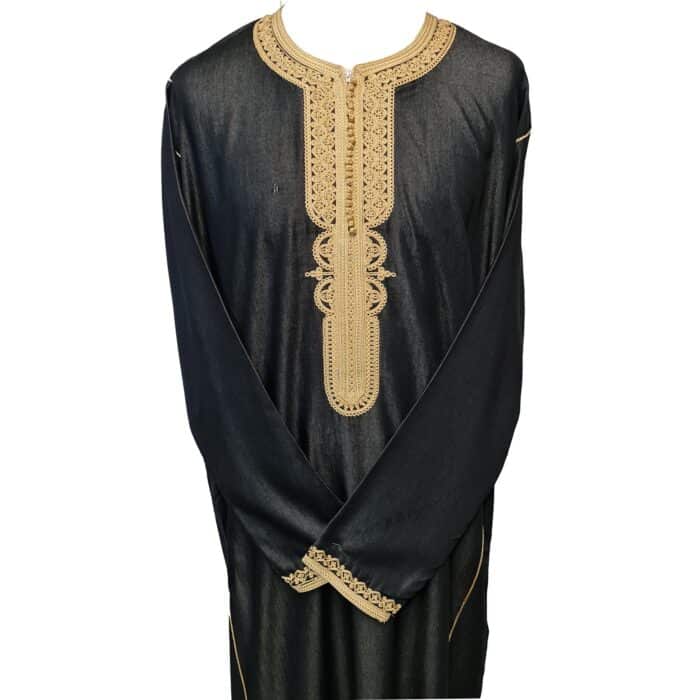 Zip Front Moroccan Black Long Sleeve Cotton Thobe Jubba Dishdasha Kandorah (3)