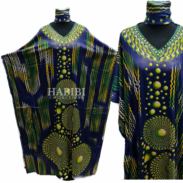 Women's Blue/Yellow Sequin Kaftan Free Size Geometric Swirl Pattern