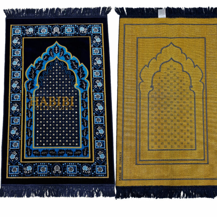Navy Blue Gold Islamic Floral Dotted Pattern Prayer Mat